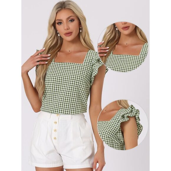 Summer Gingham Tops Square Neck Ruffle Cap Sleeve Blouses Dark Green - Picture 2 of 6